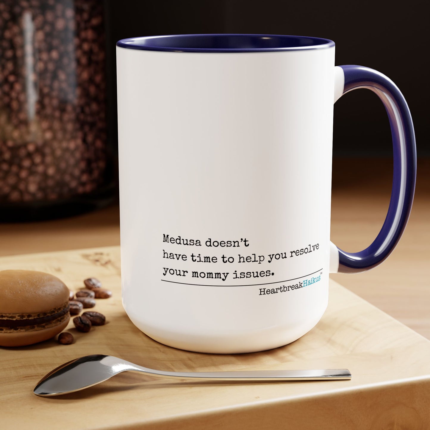 Two-Tone, Coffee Mug, 15oz - Dual-Sided Printing "Medusa and Your Mommy." #Medusa #Characters #Heartbreak #Divorce #Breakup