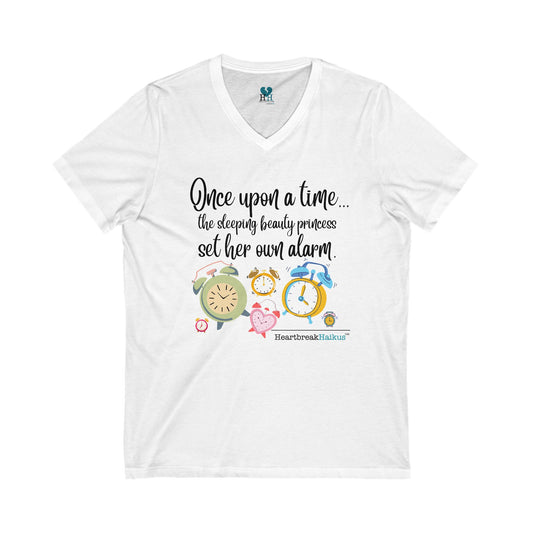 Sleeping Beauty's Alarm. Unisex Jersey Short Sleeve V-Neck Tee